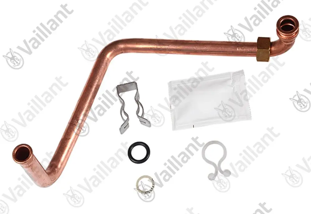 Kupferrohr von Vaillant mit gebogenem Ende, Montagezubehör, Dichtungsringen und Befestigungsclips. Ideal für Heizungsinstallationen.